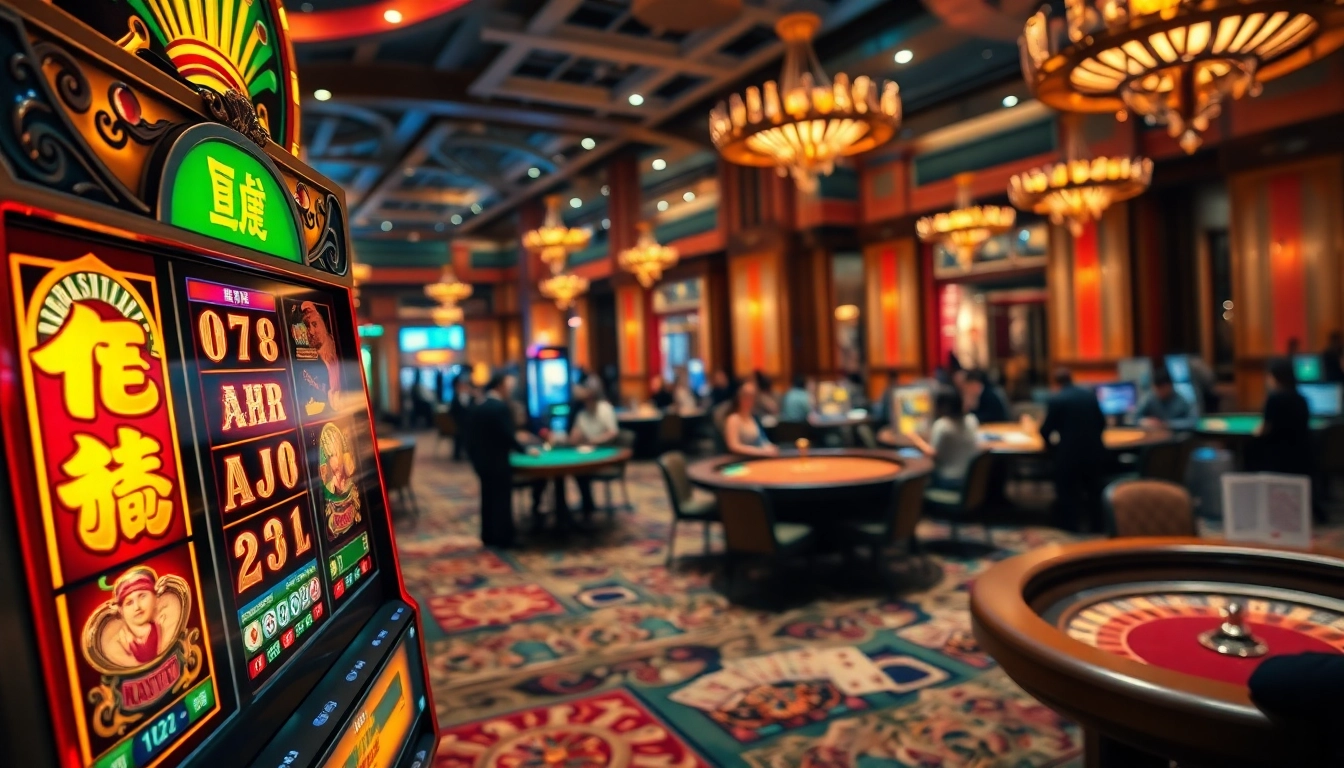 Players enjoying Nổ hũ slot machines in a lively casino atmosphere filled with excitement and winning chances.