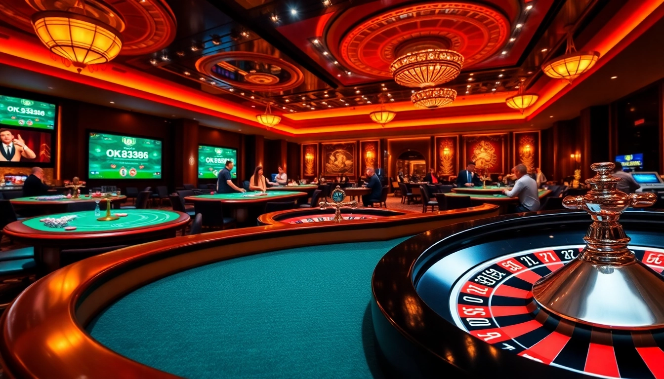 Experience thrilling gameplay at the Trang chủ OK8386 online casino featuring luxurious tables and vibrant roulette wheels.