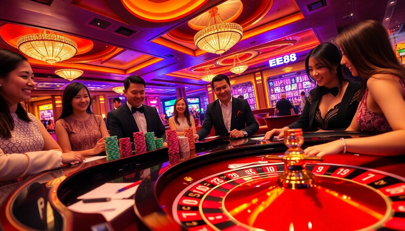 EE88 branded roulette table filled with vibrant casino activity and players enjoying high-stakes gambling.