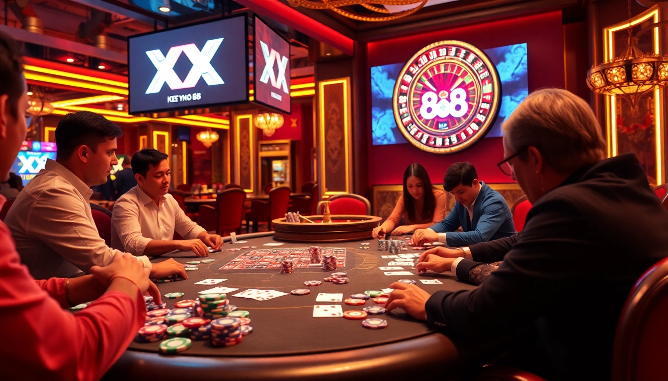 Players strategizing at a high-stakes poker table featuring XX 88 chips and glow of winning cards.